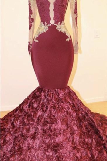 Burgundy Open Back Gold Lace Prom Dresses Cheap | Mermaid Long Sleeve Sexy Evening Dress with Ruffled Train_2