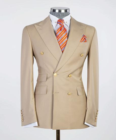 Khaki Double Breasted Point Collar Men's Business Suit_4