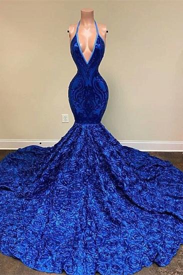 Navy blue v-neck mermaid sequin prom dress with flowers_1