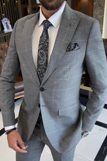 Algernon Gray Peaked Lapel Plaid Business Suits With Flaps_1
