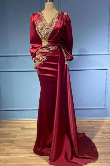 Elegant Long Red Evening Dress with Sleeves | V Neck Crystal Prom Dress