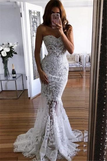 White Sweetheart-Neck Sheer Lace Appliques Mermaid Wedding Dresses_1