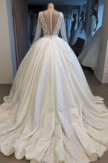 Long Sleeve Plunging V-neck Ball Gown Satin Wedding Dress with Pearl | Luxury Bridal Gowns for Sale_2