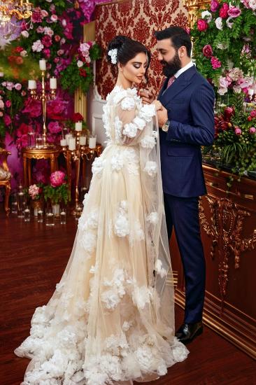 Champagne Wedding Dresses A Line Lace with Sleeves Boho Bridal Gowns_3