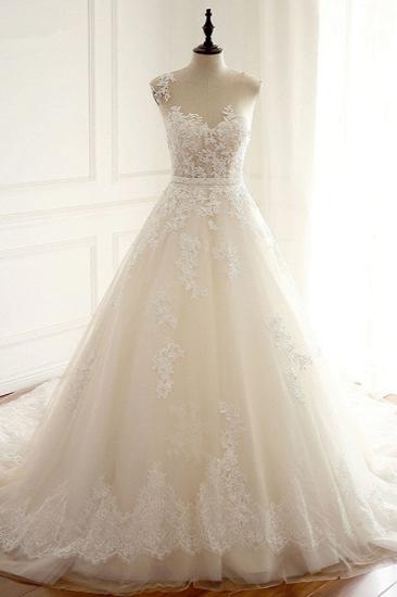 Bradyonlinewholesale Stylish Jewel A-Line Tulle Ivory Wedding Dress Appliques Sleeveless Bridal Gowns with Beading Sash Online_1