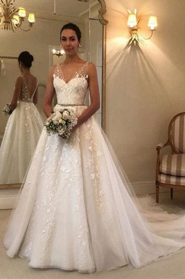 V-Neck Sweetheart Lace Appliques Sleeveless Wedding Dress with Sweep Train |  Floor Length Bridal Dress_2