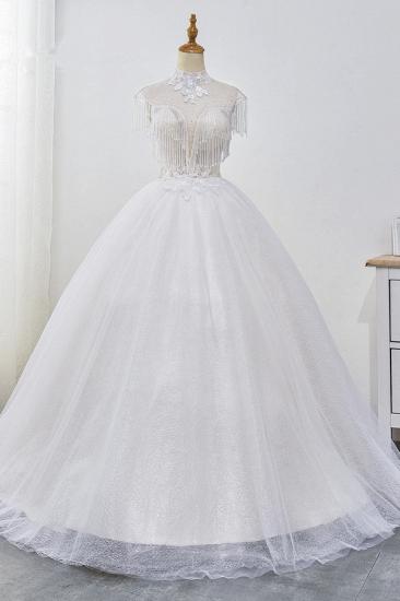 Bradyonlinewholesale Luxury Ball Gown High-Neck Tulle Wedding Dress Sparkly Sequins Sleeveless Appliques Bridal Gowns with Tassels