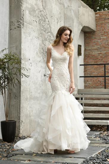 Luxury Mermaid Ivory V-neck Spring Lace Wedding Dress with Ruffles Train_6
