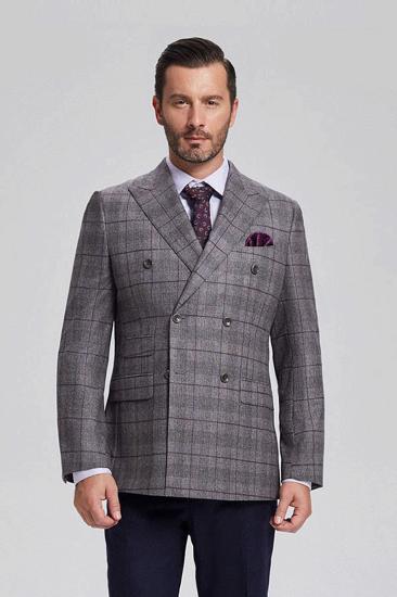 Mens Elegant Grey Plaid Double Breasted Blazer with Flap Pockets