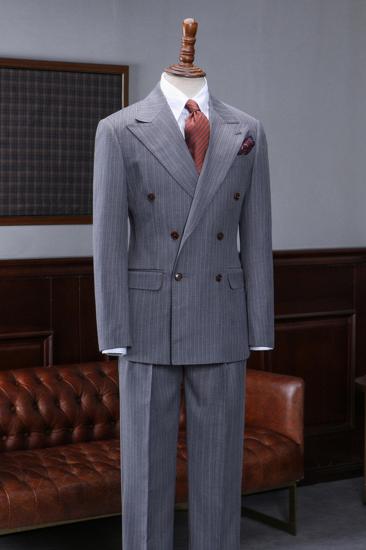 Armand Sleek Grey Striped Point Lapel Double Breasted Business Tailored Suit_2