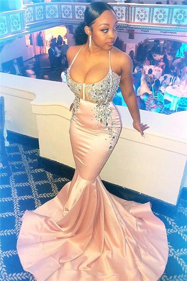 Spaghetti Srtaps Sexy Prom Dresses with Beads | Tight Mermaid Sleeveless Pink Evening Gowns