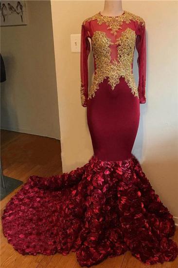 2022 Gold Lace Appliques Floral Prom Dress | Long Sleeve Mermaid Burgundy Graduation Dress Cheap_2