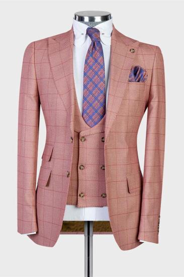 Fashion Pink Plaid Slim Pointed Collar Three-piece Men's Suit_1