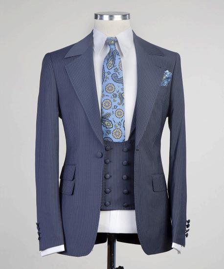 Latest navy stripe notch lapel three piece suit for men_5
