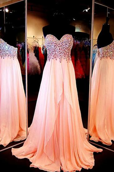 Chiffon Peach Sweetheart Crystal Long Prom Dresses Formal Rhinestone Designer Floor Length Evening Dress for Women