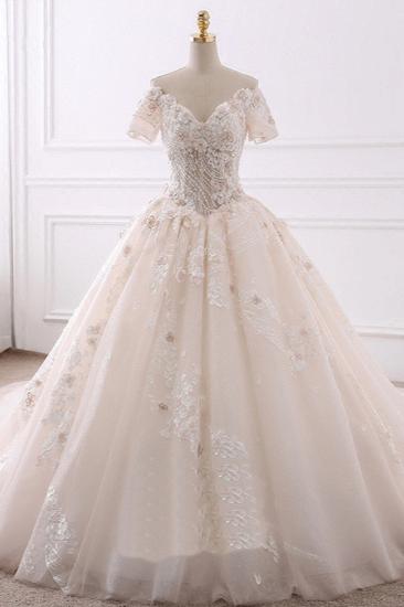 Bradyonlinewholesale Ball Gown V-Neck Tulle Beadings Wedding Dress Lace Appliques Short Sleeves Bridal Gowns with Flowers On Sale