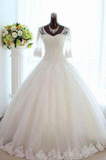 Floor-Length Tulle Ball Gown Beading V-neck 3/4 Sleeves Bateau Wedding Dresses_1